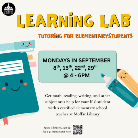 STEM Saturday. October 11th, 1-2 PM. Join us at the Moffat Library for STEM activity, explore the fundamentals of electronics in a hands-on workshop. Ages: 8-12